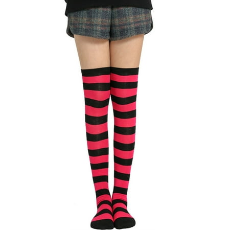 Women Girls Knitted Cosplay Long Socks Contrast Color Stripes Over Knee Thigh Hi