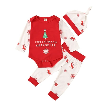 Bmnmsl Baby Christmas Sets Graphic Printed Long Sleeve Romper Long Pants Hat