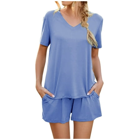 Womens Summer Pajamas Sets Short Sleeve V Neck T Shirts and High Waist Loose Shorts PJs Lounge Sets with Pockets
Womens Summer Pajamas Sets Short Sleeve V Neck T Shirts and High Waist Loose Shorts PJs Lounge Sets with Pockets