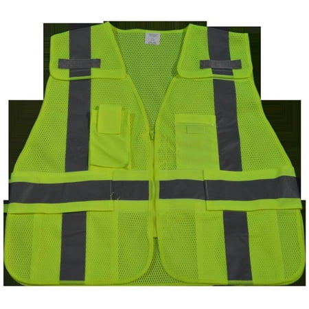 

Public Safety Vest 207-2006 Lime Mesh 5-Point Breakaway with Non-Cloth Hook & Eye Breakaway Zipper & Expandable Side Closures 5 Pockets Regular Small & Extra Large