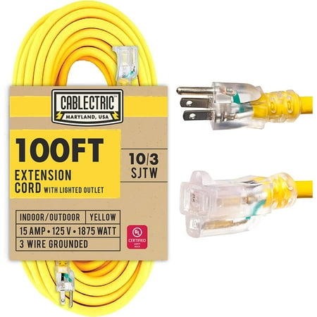 YYFF 100 Ft Outdoor Extension Cord - 10/3 SJTW Heavy Duty Yellow 10 Gauge Lighted Electrical Cable with 3 Prong Grounded Plug
YYFF 100 Ft Outdoor Extension Cord - 10/3 SJTW Heavy Duty Yellow 10 Gauge Lighted Electrical Cable with 3 Prong Grounded Plug