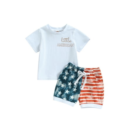

Karuedoo 4th of July Toddler Baby Boys Short Sleeve Letters Print Tops+Stars Stripes Shorts Outfits