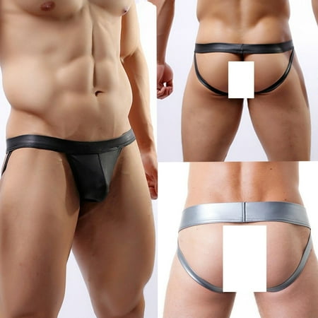 LINMOUA Hot Sexy Men s Thongs G-string Underwear Leather Jockstrap Trunks Black