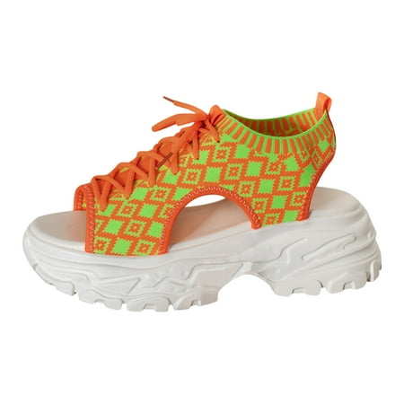 Snadals Women Fashion Flower Print Trend Thick Bottom Sandal Orange 39