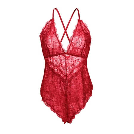 Tinglu Women Teddy Lingerie One Piece Deep V-Neck Lace Babydoll Mini Bodysuit
