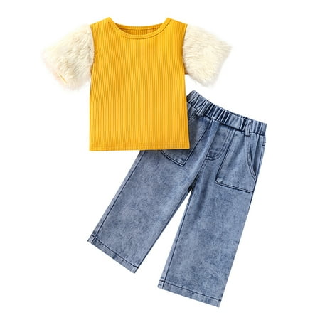 AMILIEe Toddler Kids Girls Plush Short Sleeve Round Neck Patchwork Tops + Elastic Waist Jeans 2 Pieces Outfits
AMILIEe Toddler Kids Girls Plush Short Sleeve Round Neck Patchwork Tops + Elastic Waist Jeans 2 Pieces Outfits