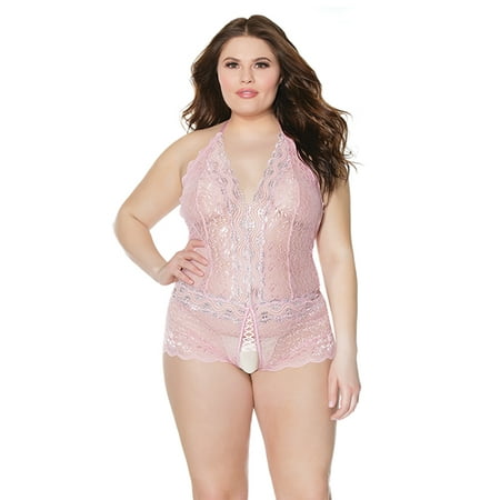 Crystal Pink Halter Crotchless Teddy Pink/Silver OS/XL