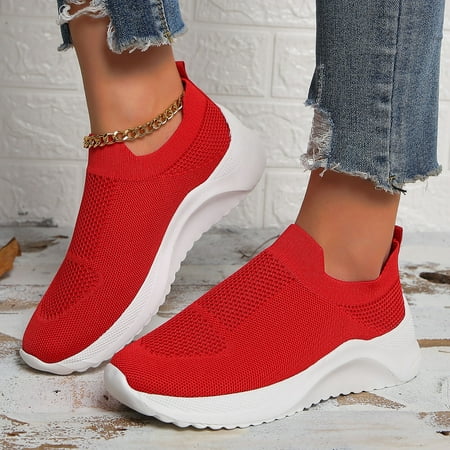 

XIAQUJ Fashion Spring and Summer Women Sports Shoes Flat Bottom Light Slip on Fly Woven Mesh Breathable Solid Red Casual and Comfortable Women s Fashion Sneakers Red 8.5(41)