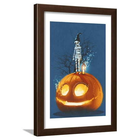 Mummy Standing on Giant Pumpkin,Jack O Lantern,Halloween Concept,Illustration Painting Framed Print Wall Art By Tithi Luadthong