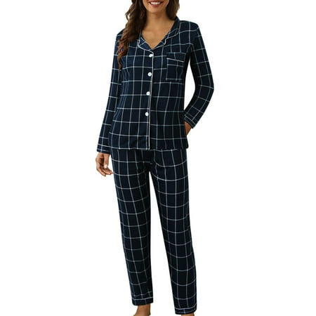 Womens Pajama Sets Casual Lapel Button Plaid Printing Two Piece Long Sleeve Lounge Sets For Women
Womens Pajama Sets Casual Lapel Button Plaid Printing Two Piece Long Sleeve Lounge Sets For Women