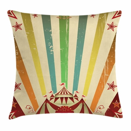 Vintage Rainbow Throw Pillow Cushion Cover, Old Circus Carnival Advertisement Theme Stripes Stars and Fun Fair Tent, Decorative Square Accent Pillow Case, 16 X 16 Inches, Multicolor, by Ambesonne