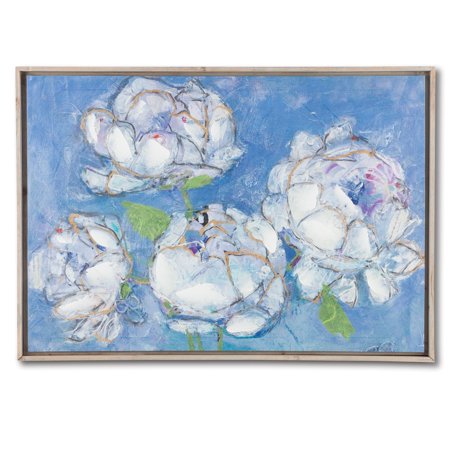 Framed Print of White Peonies with Blue Background on Canvas with Fir Wood Frame