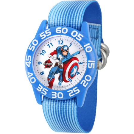 Marvel Avenger Assemble Captain America Boys' Blue Plastic Time Teacher Watch, Blue Stripe Nylon Strap