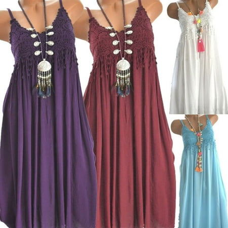 Plus Size Women Lace Spaghetti Strap Midi Dress Tassel Casual Party Short Dress