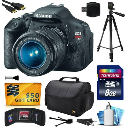 Canon EOS Rebel T3i (600D) Digital SLR Camera with EF-S 18-55mm f\/3.5-5.6 IS Lens with 8GB Memory + Large Case + Tripod + Card Reader + Card Wallet + HDMI Cable + Cleaning Kit + $50 Gift Card 5169B003