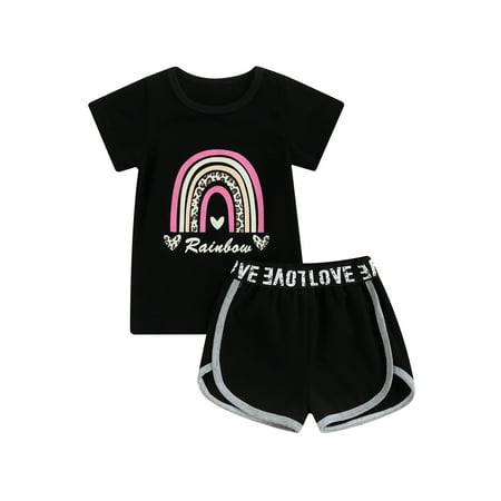 Nokpsedcb Toddlers Kid Girl 2PCS Set Children Rainbow Lettering Pattern Round Neck Short Sleeve Shirt Elastic Shorts Black 3-4 Years