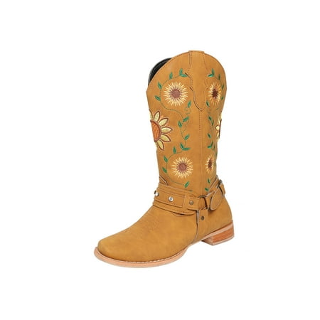 Daeful Women Cowgirl Boots Mid Calf Western Boot Wide-Calf Vintage Shoes Walking Square Toe Sunflower Embroidered Yellow 5
Daeful Women Cowgirl Boots Mid Calf Western Boot Wide-Calf Vintage Shoes Walking Square Toe Sunflower Embroidered Yellow 5