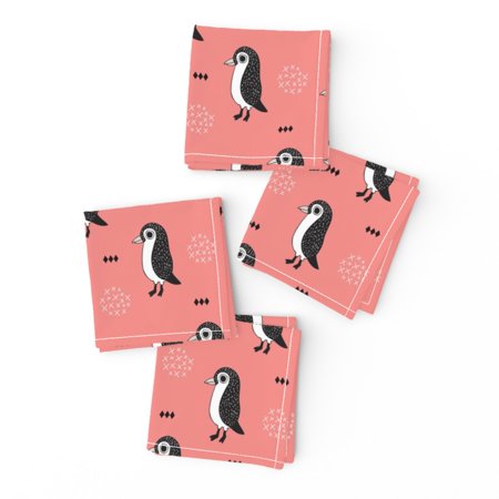 Cocktail Napkins Penguin Bird Geometric Baby Fall Pink Adorable Set of 4