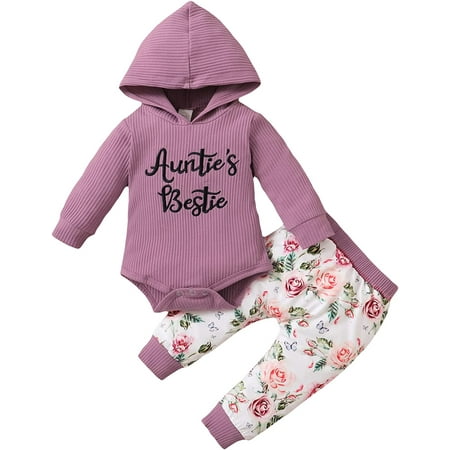 QWZNDZGR Newborn Infant Baby Girls Clothes Set Auntie Saying Letter Rompers Floral Daisy Pants Headband
