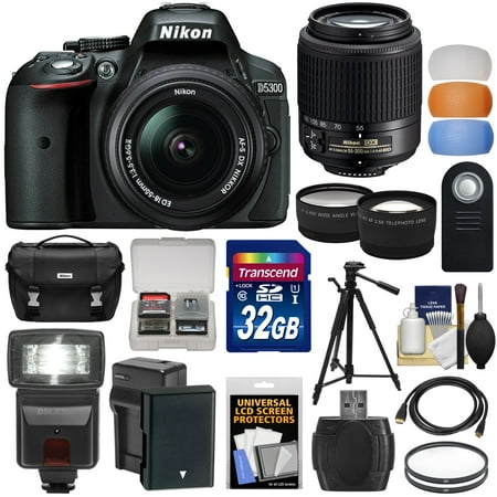 Nikon D5300 Digital SLR Camera & 18-55mm DX II AF-S (Black) with 55-200mm AF-S Lens + 32GB Card + Battery + Case + Tripod + Flash + Tele\/Wide Lens Kit