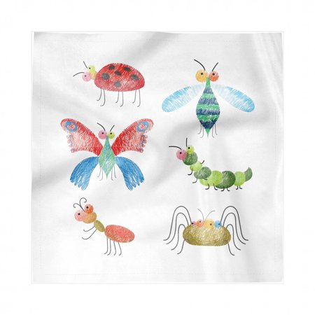 Animals Napkins Set of 4, Hand Drawn Bugs with Pencil Marks Ladybug Caterpillar and Butterfly Composition, Silky Satin Fabric for Brunch Dinner Buffet Party, by Ambesonne