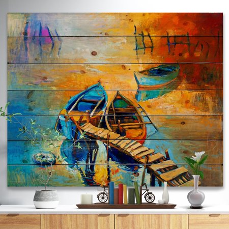 DESIGN ART Designart 'Two Boats in Pier at Golden Sunset' Sea & Shore Painting Print on Natural Pine Wood - Blue