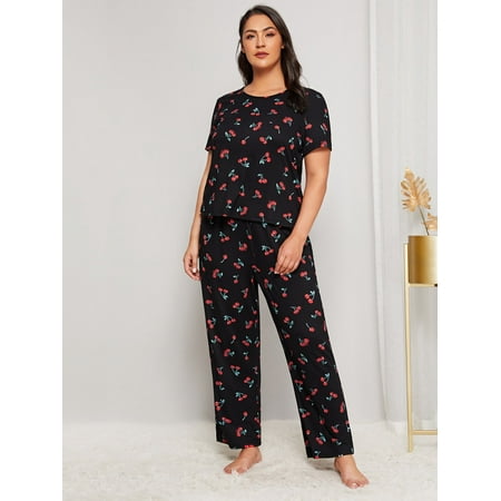 Black Cute Women s Plus Cherry Print PJ Set 1XL(14) Y22001D