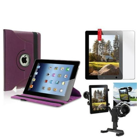 Insten Car Mount Windshield Holder+Purple 360 Leather Case+Cover for iPad 2 3 3rd 4 4th (Supports Auto Sleep\/Wake)