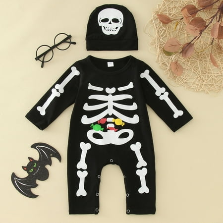 FZM Christmas Toddler Kids Girls Boys Bone Prints Romper Jumpsuit Hat Set Cloths