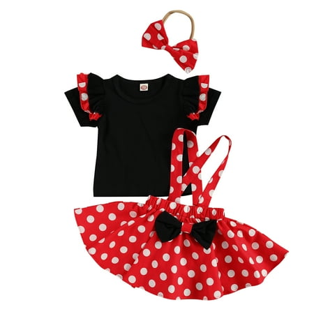 Kiapeise Toddler Girls Short Sleeve T-shirt + Dot Suspender Skirt + Headband