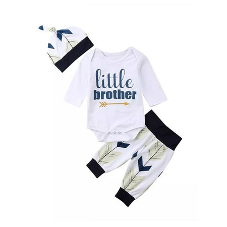 3Pcs Newborn Baby Boys Little Brother Cotton Bodysuit Tops + Long Leggings Pants + Hats Outfits Clothes Sets
3Pcs Newborn Baby Boys Little Brother Cotton Bodysuit Tops + Long Leggings Pants + Hats Outfits Clothes Sets
