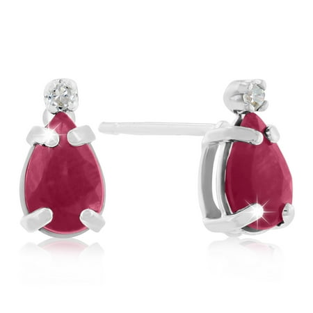 1ct Pear Ruby and Diamond Earrings in 14k White Gold