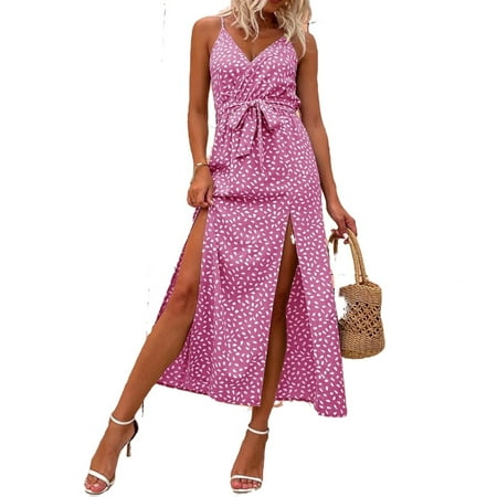 Womens Slit Hem Ditsy Floral Cami Dress Hot Pink S