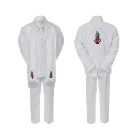 Baby Boy Christening Formal White Single Breasted Suit Silver Gold Guadalupe on Stole & Back Sm-20
Baby Boy Christening Formal White Single Breasted Suit Silver Gold Guadalupe on Stole & Back Sm-20