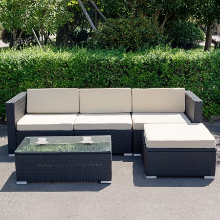 5 pcs Patio Garden Rattan Furniture Set with Cushion Black HW56462HW56463