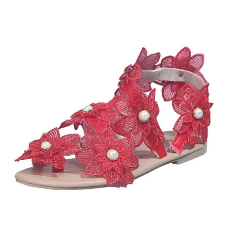 Womens Sandals Women Summer Flowers Print Slip-On Shoes Flat Beach Open Toe Breathable Sandals Women S Sandals Pu Red 42