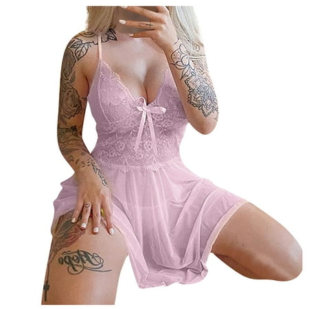 

DNDKILG Women Plus Size Sexy Mini Babydoll V Neck See Through Sleepwear Lace Boudoir Lingerie Pink S