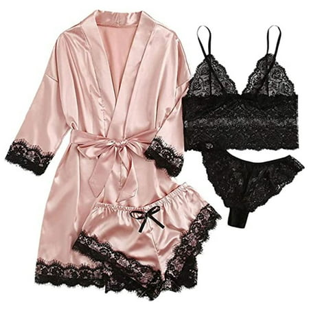 4Pcs/Set Pajamas Set Women s Satin Robe Nightwear Lounge Set with Cami Sleepwear Floral Lace Trim Shorts Lingerie New
4Pcs/Set Pajamas Set Women s Satin Robe Nightwear Lounge Set with Cami Sleepwear Floral Lace Trim Shorts Lingerie New