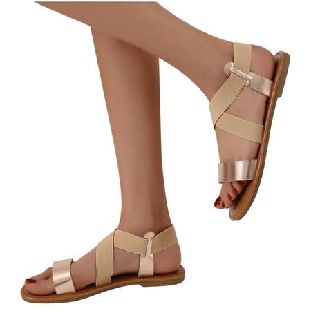Women s Summer Casual Dressy Cute Flat Sandals Elastic Ankle Strap Summer Flat Sandals Trendy Two Band Strappy Shoes