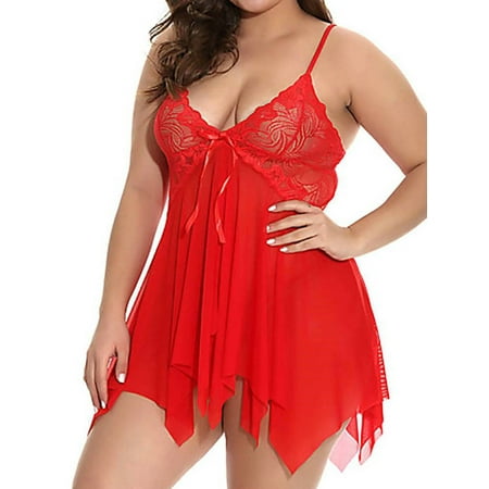 ORQ Women Plus Size Floral Sexy Pajama Lace Gauze Nightdress Set
