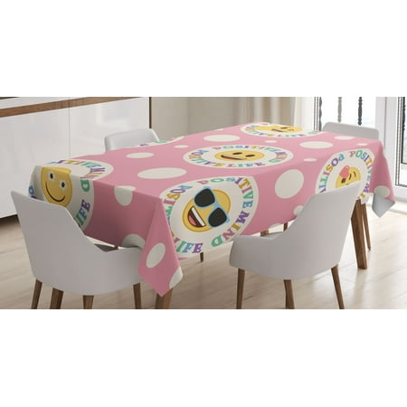 

Happy Emoji Tablecloth Pop Art Simple Classic Yellow Faces with Colorful Letterings on Polka Dots Rectangular Table Cover for Dining Room Kitchen Decor 60 X 90 Pale Pink Ivory by Ambesonne