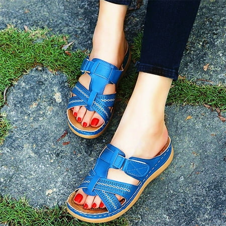 YOTAMI Sandals for Women 2022 Open Toe Super Soft Platform Women Summer Shoes Flat Sandals Blue