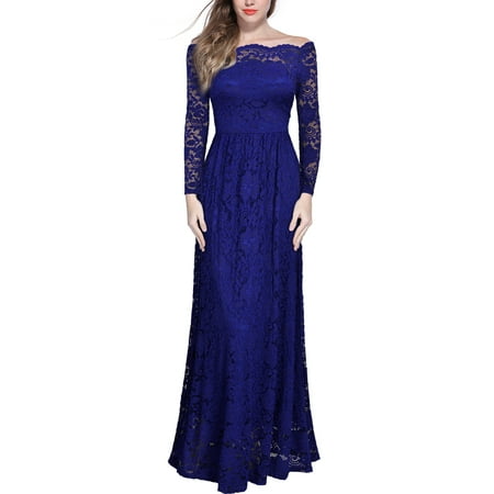 Women's Off Shoulder Lace Dresses,Formal Wedding Evening Party Long Maxi Dresses (Bright Blue,M)