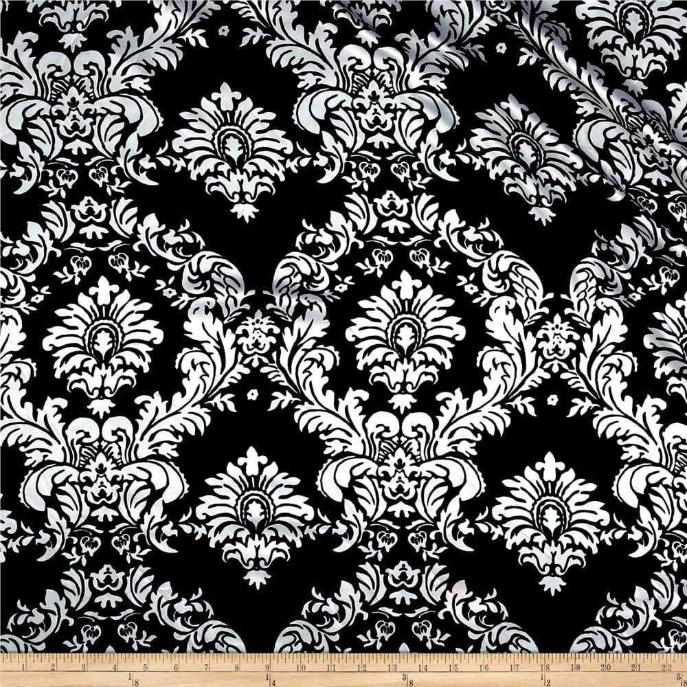 Ben Textiles Charmeuse Satin Old Damask Black White Fabric By The Yard