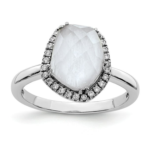 925 Sterling Silver Rhodium-plated Blue Lace Agate and Cubic Zirconia Ring - Ring Size: 6 to 8