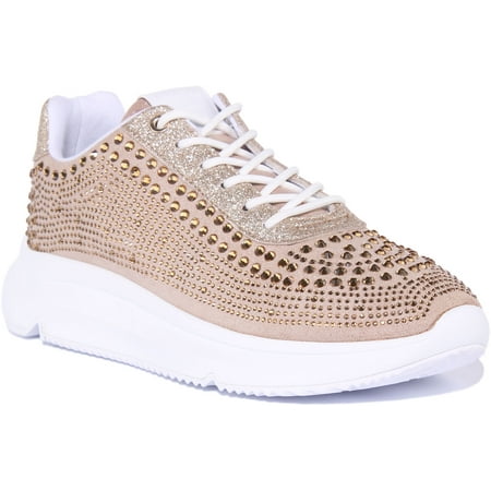 Guess Deglitz Women s Lace Up Rhinestone Trainers In Gold Size 5.5