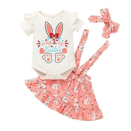 New Born Baby Boy Suit Gift Set Cute Pants for Teen Girls Suspenders Baby Outfits Romper Girls Easter Cartoon Printed Bodysuit+Ruffles Skirts Rabbit Girls Outfits&Set 5 Month Girls