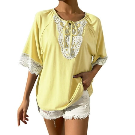 NECHOLOGY Short Sleeve Scrub Jackets Women O Neck Lace Short Sleeve Tie Tops Womens Sexy O Neck Collar Women T Shirt for Summer Shirt Yellow X-Large