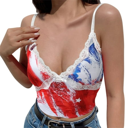 Women Vest Spaghetti Strap Independence Day Floral Printed Deep V-Neck Lace Camisole Female Clothing 
Women Vest Spaghetti Strap Independence Day Floral Printed Deep V-Neck Lace Camisole Female Clothing