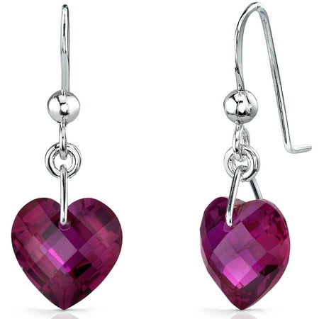 Peora 9.50 Ct Heart Shape Created Ruby Sterling Silver Drop Earrings Rhodium Finish